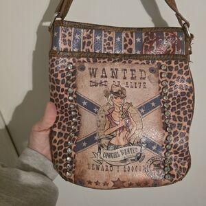 Leopard Print " Cowgirl Wanted " Rhinestone Shoulder Bag Purse